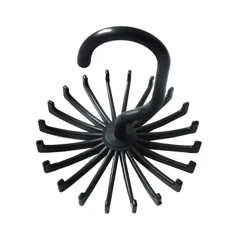 Black 360 Rotatable Tie Rack with 20 hooks and swivel top, designed for organizing ties, belts, or scarves in closets.