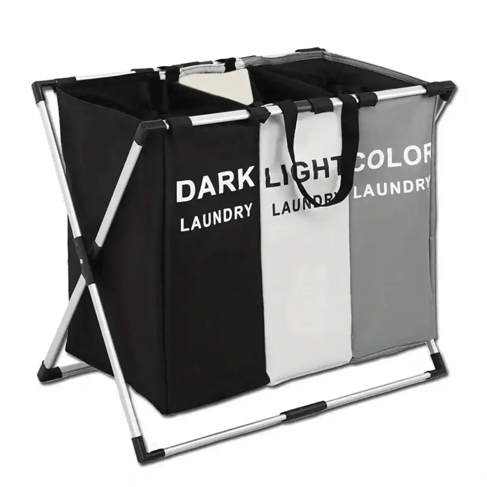 3 Grids Laundry Basket - Foldable Organizer with sturdy aluminum frame and labeled compartments. Ideal for efficient laundry sorting.