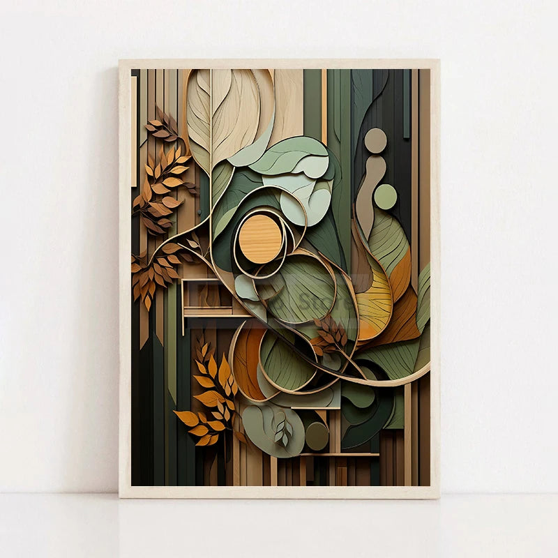 Boho Wood Shapes Botanical Poster Earth Tones Prints Canvas Painting Wall Art Pictures Home Room Organic Textures Modern Decor