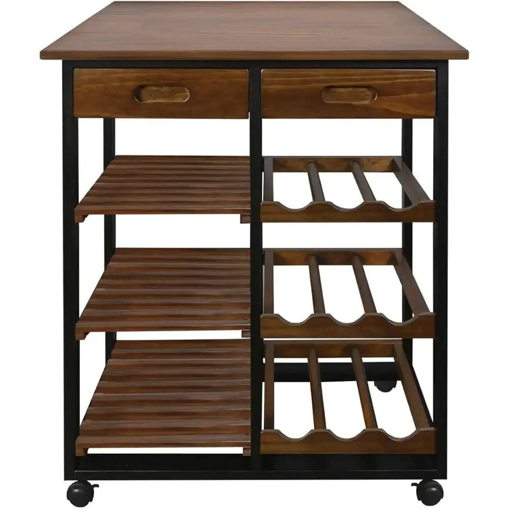 Front view of Solid Wood 4-Tier Kitchen Island featuring dual drawers, wine rack, and slatted storage shelves. Ideal for kitchen organization.