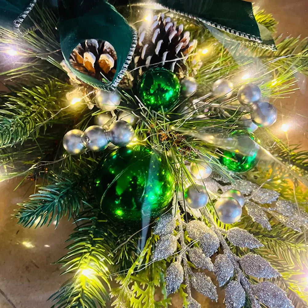 Green and silver Christmas Wreath Hanging Pendant with LED lights and ornaments, perfect for festive home decoration.