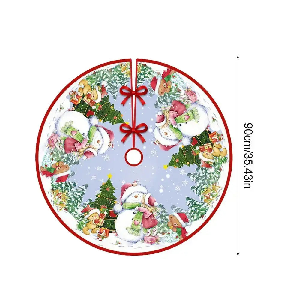 Snowman-themed 90cm polyester Christmas tree skirt with snowy background and cartoon holiday characters. Brightens up holiday tree decor.