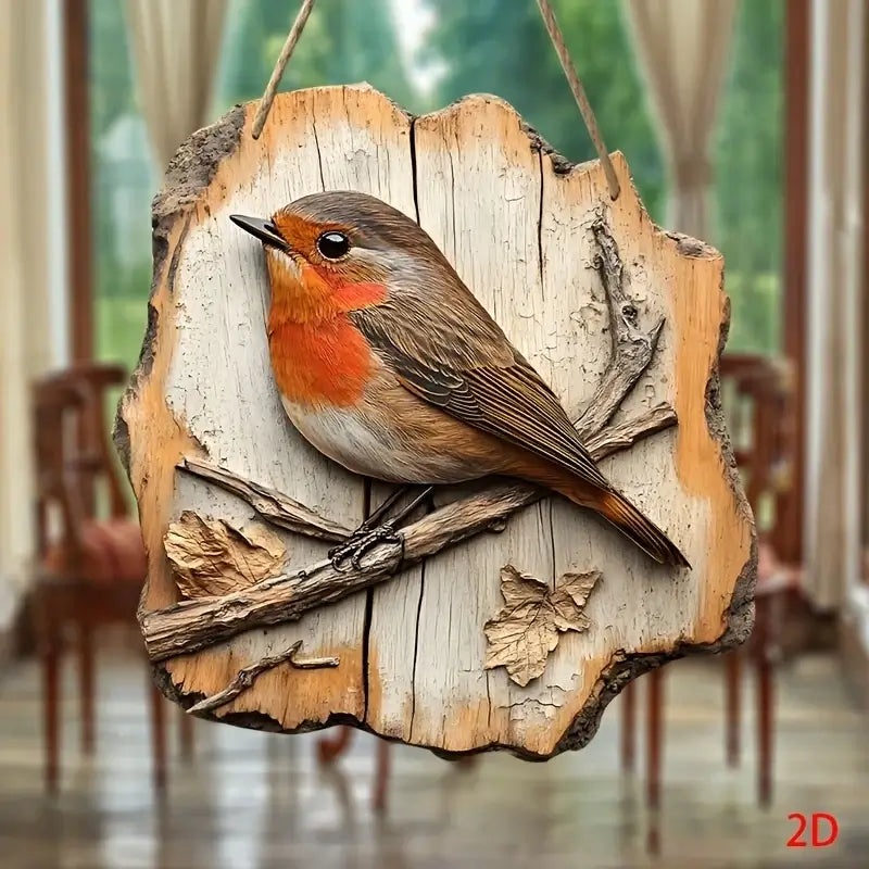 Vintage Wooden Bird Signage - Decor 8in showing a robin with orange chest on a rustic wood plaque. Adds woodland charm to any interior space.