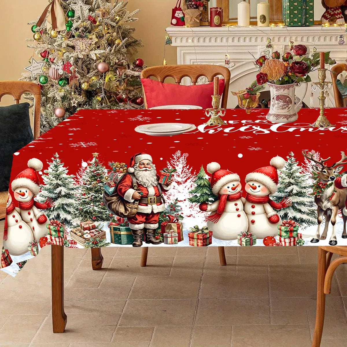 A Christmas Santa Claus tablecloth adds a festive touch to any holiday gathering, featuring cheerful designs of Santa, reindeer, and snowy scenes. 