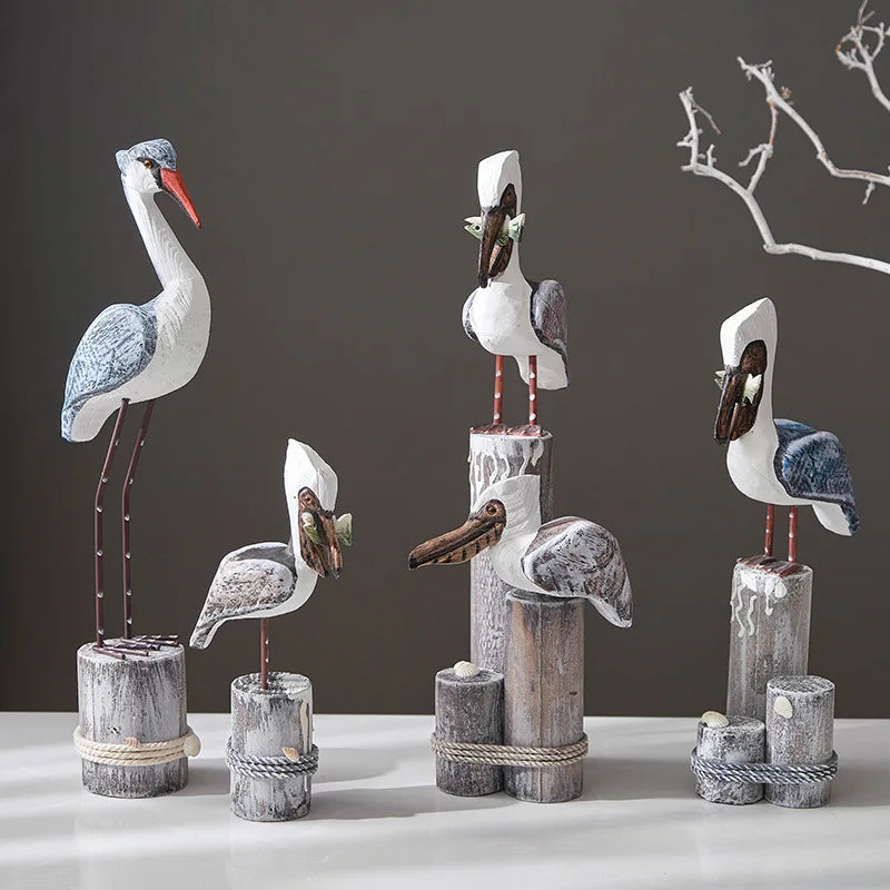 Wooden Seagull Nautical Beach Figurine Ornaments Mediterranean Style