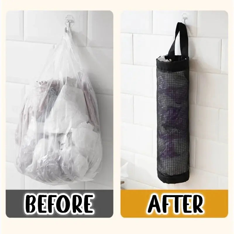 Before and after comparison of plastic bag storage using mesh kitchen plastic bag holder. Transforms clutter into neat vertical storage.