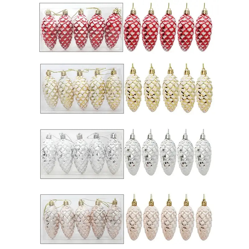 Multiple 5-piece sets of Christmas Pinecone Hanging Pendants in assorted colors for seasonal tree or wreath décor.