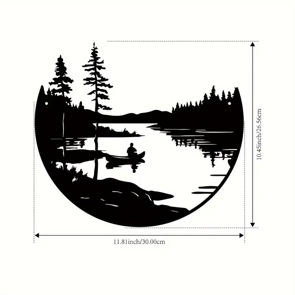 Scenic lake and mountain bohemian metal wall art with dimensions 11.81x10.45 inches, perfect for rustic or modern interior design.