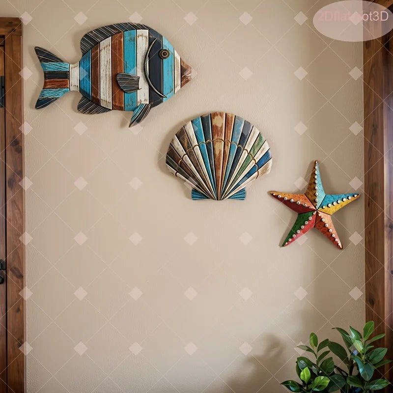 1/2 Set Colorful Ocean Art -Wooden Sea Fish, Shell, Starfish Farmhouse Style Decor