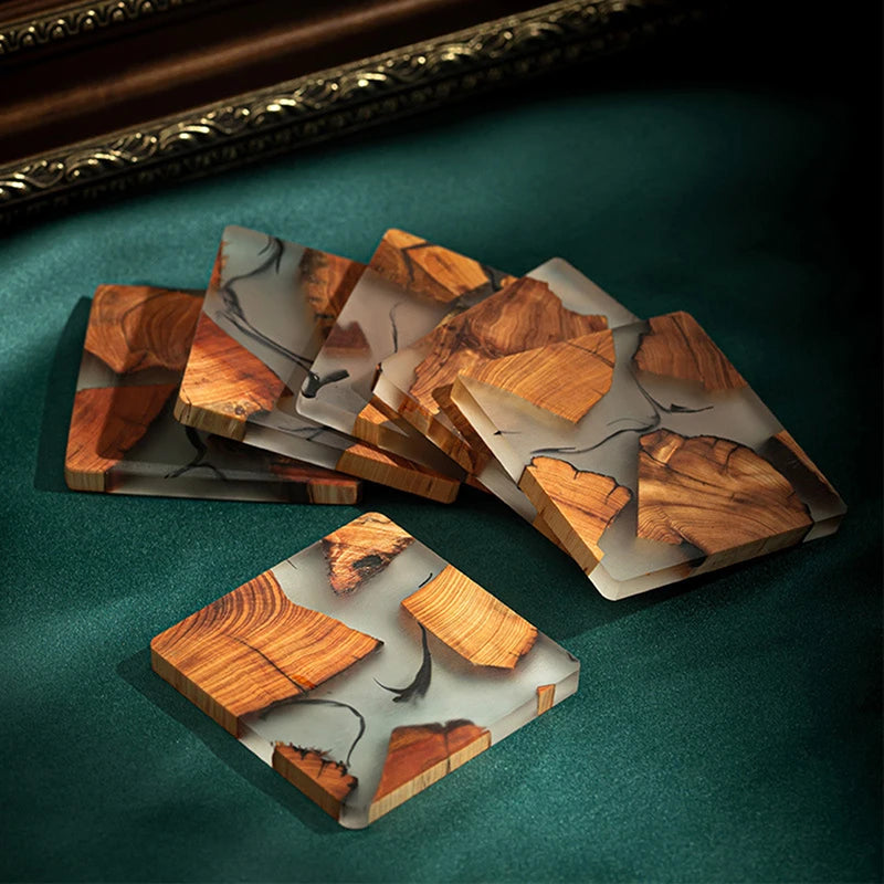Wooden Tea Coaster Resin - Insulation set of six coasters laid out, showcasing elegant wood grain and transparent resin fusion.