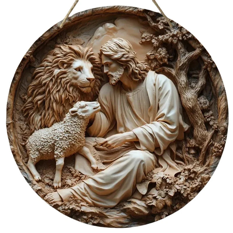 2D Retro Jesus Sign - Wooden Welcome with Jesus and lamb in a floral setting, handcrafted for winter and holiday home accents.
