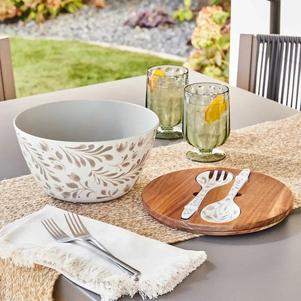 Elegant Bamboo Melamine Salad Bowl set displayed on a dining table, ideal for casual or elegant outdoor entertaining.