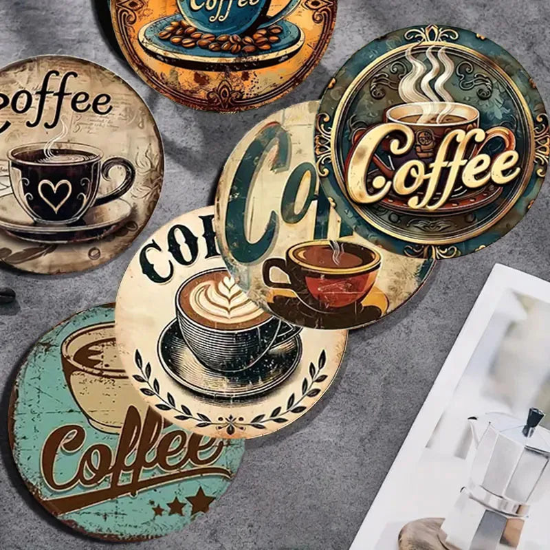 The 6-piece set of coffee cup theme pattern wooden round coasters