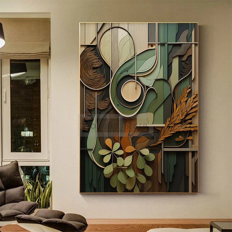 Boho Wood Shapes Botanical Poster Earth Tones Prints Canvas Painting Wall Art Pictures Home Room Organic Textures Modern Decor