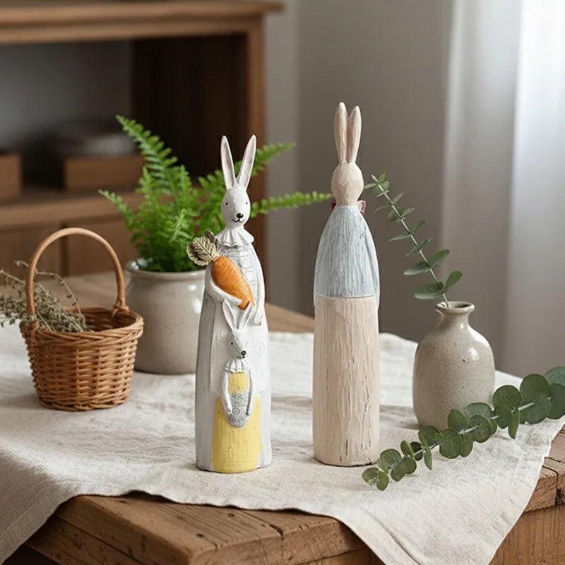 Wood Grain Resin Bunny Couple Statue - Handmade