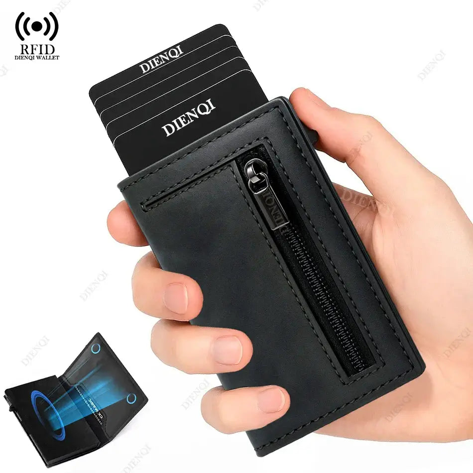 RFID Credit Card Holder - Men's Wallets with pop-up card feature for quick access and secure storage in a sleek black design.
