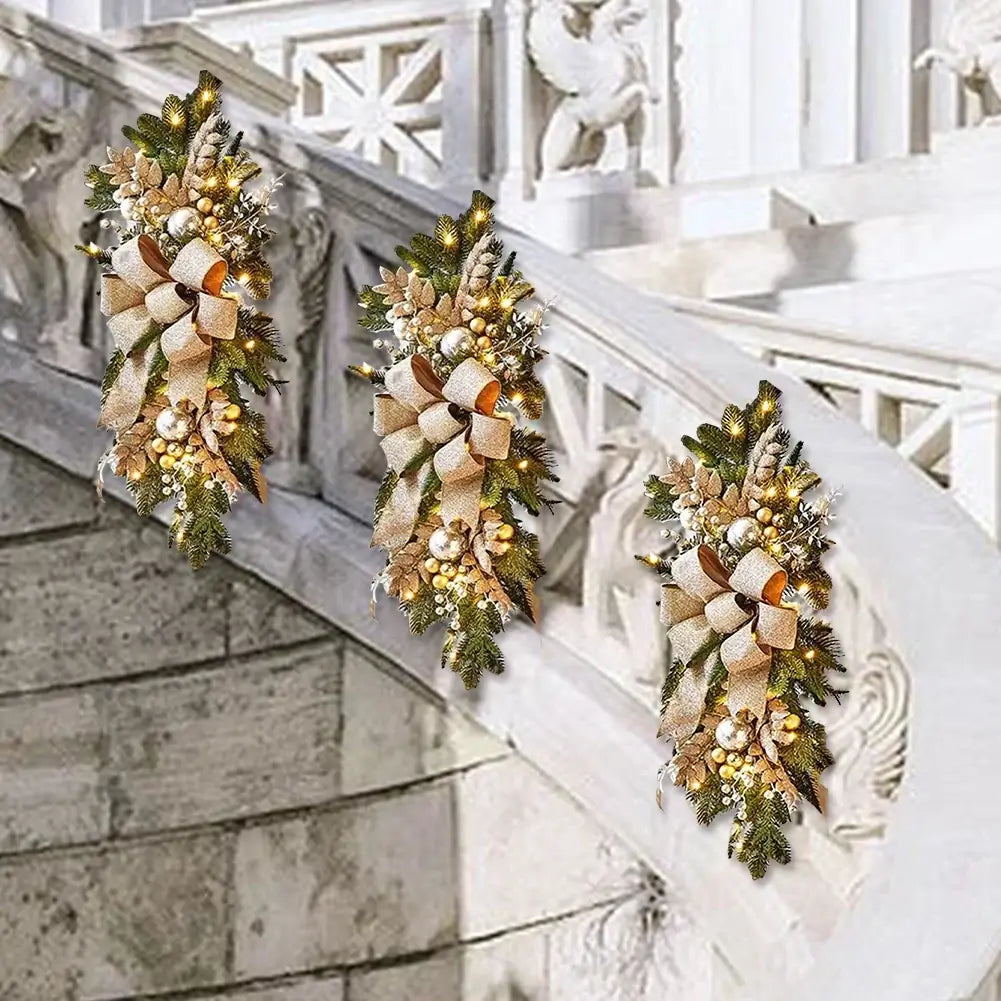 Outdoor display of Christmas Wreath Hanging Pendants with LED lights on stone railing, perfect for festive exterior decoration.