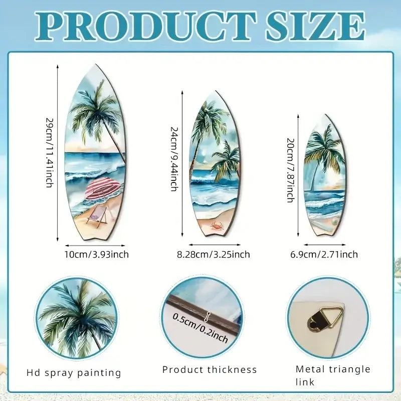 Product size chart for Handcrafted Wooden Surfboard Decor 3PCS Set showing dimensions, HD spray painting, and metal hanging hardware.