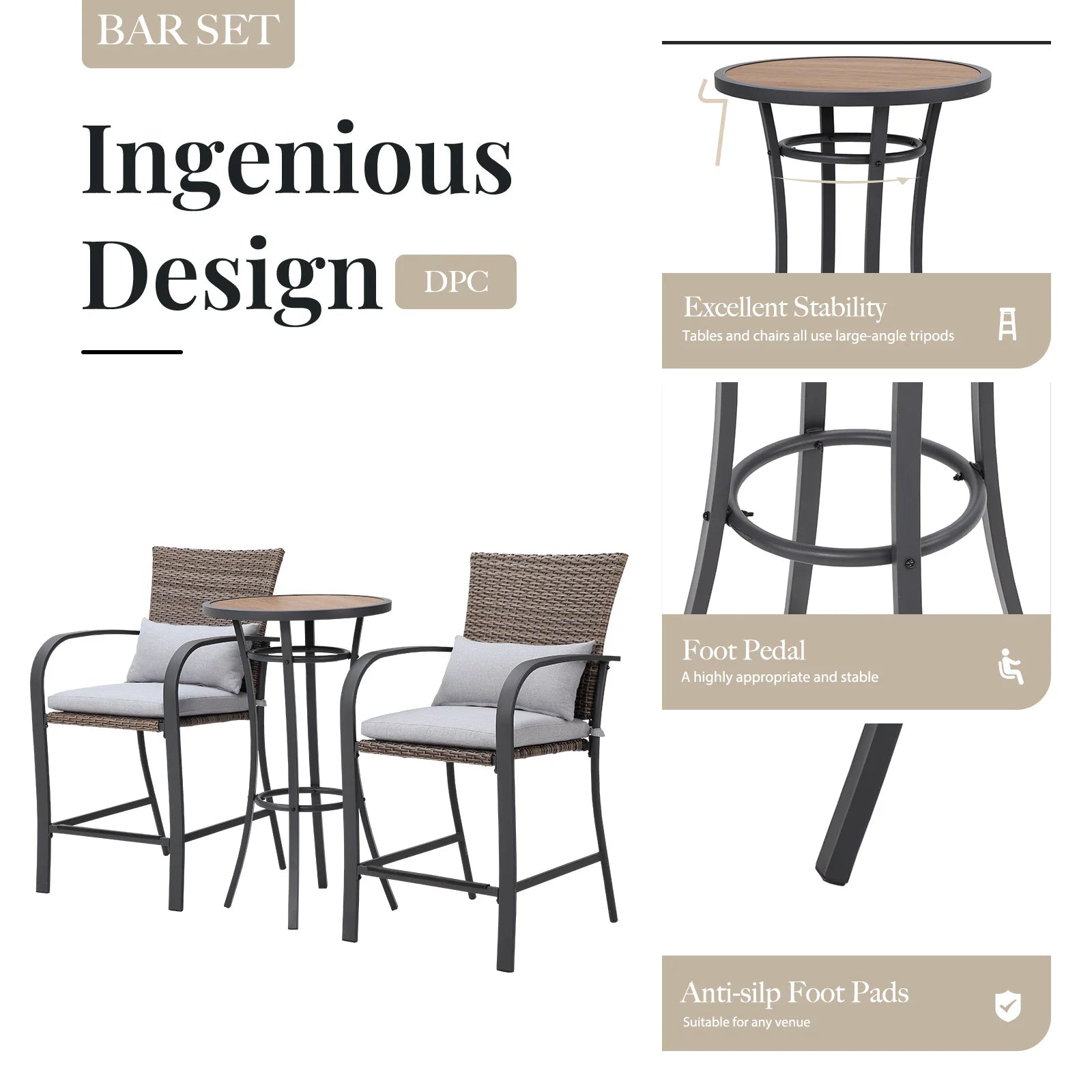 3pcs Patio Bar Set with Soft Cushions