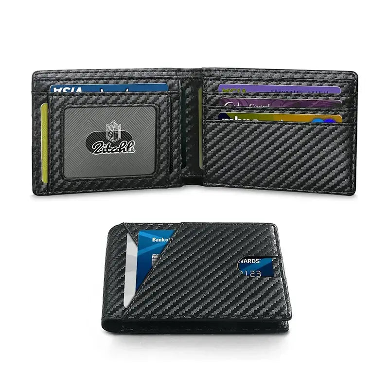 11 slot RFID blocking wallet in black leather with bifold design, featuring multiple card slots and a sleek carbon fiber texture.