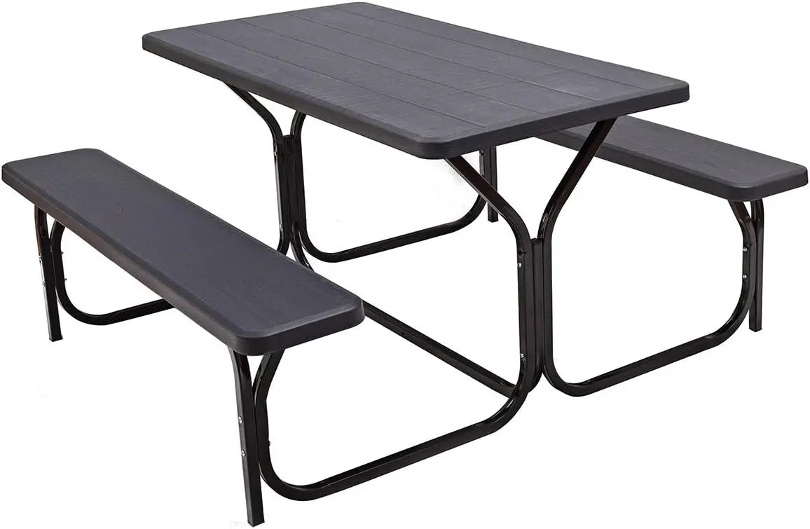 Black All Weather Picnic Table Set with sleek wood-like finish and heavy-duty metal base, ideal for outdoor furniture collections.