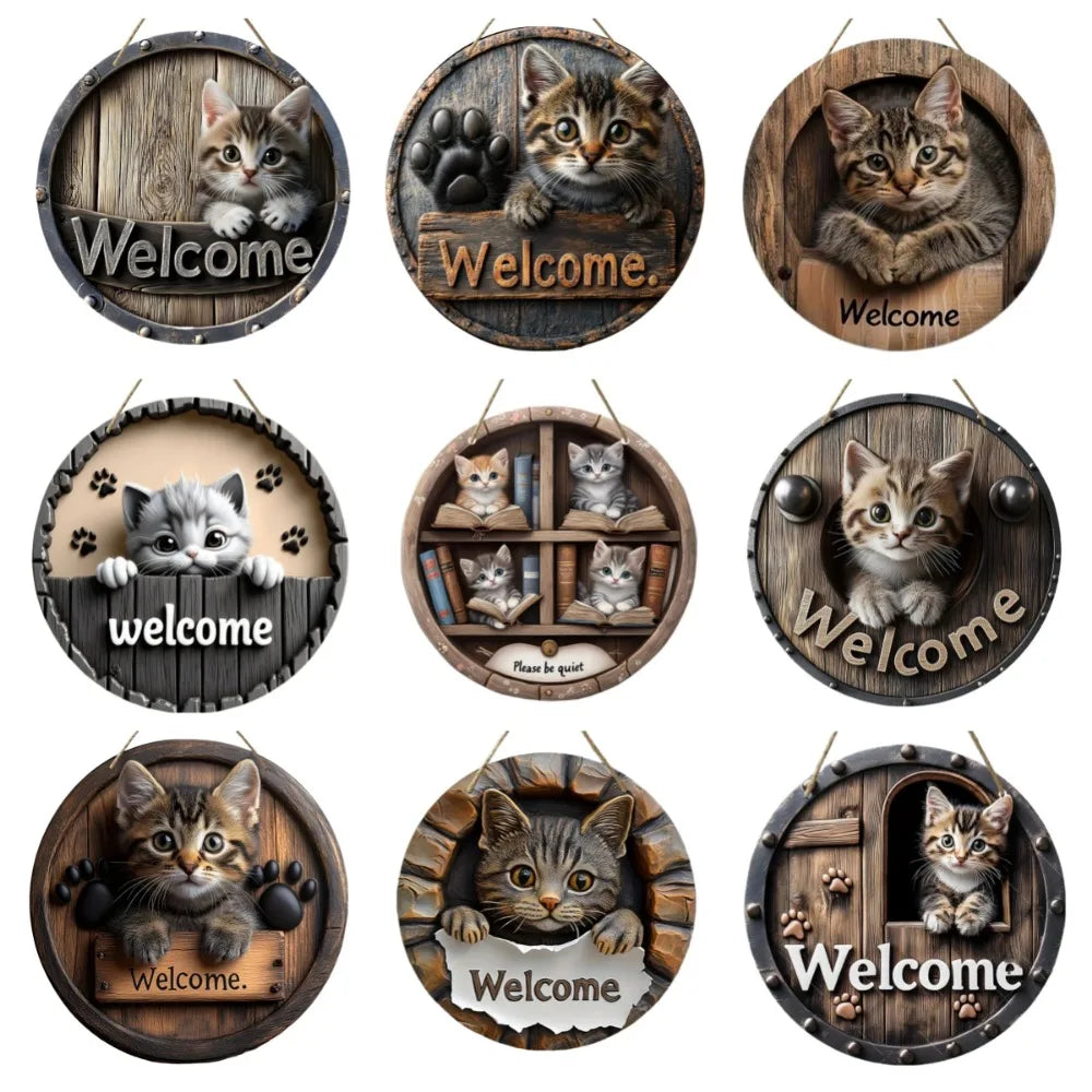 Wood Cat Hanging Decorations 2D Retro Circular