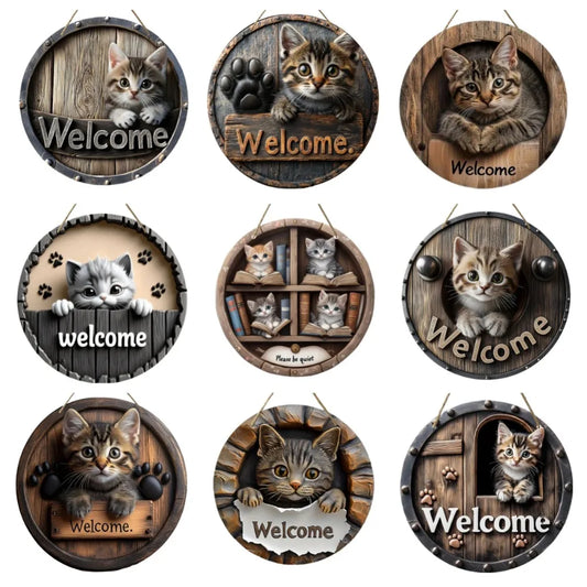Wood Cat Hanging Decorations 2D Retro Circular