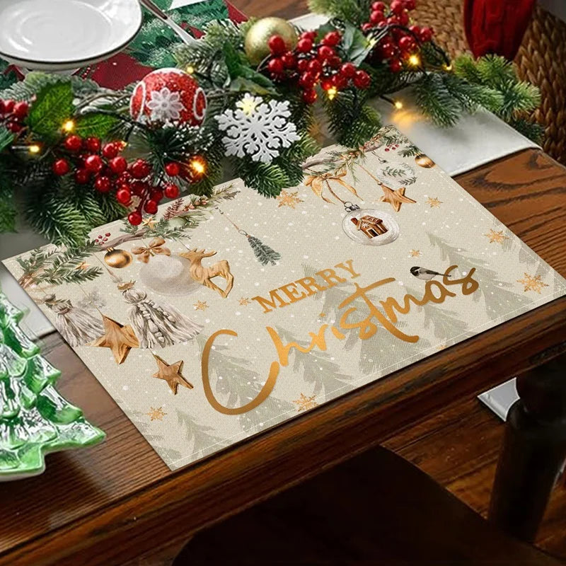 Merry Christmas Linen Placemat with gold ornaments and stars on a rustic holiday table. Soft, durable linen for seasonal dining.