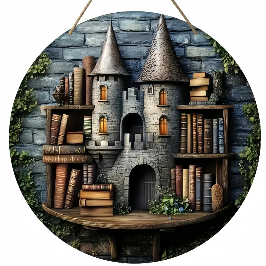 Miniature stone castle bookshelf on a round wooden sign with ivy details, perfect for rustic or fantasy-themed Christmas decor.