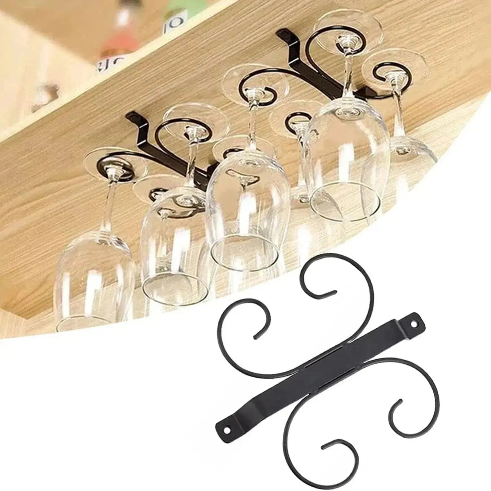 Under cabinet wine glass holder for 4 cups, decorative black iron rack installed beneath kitchen shelf for organized glass storage.