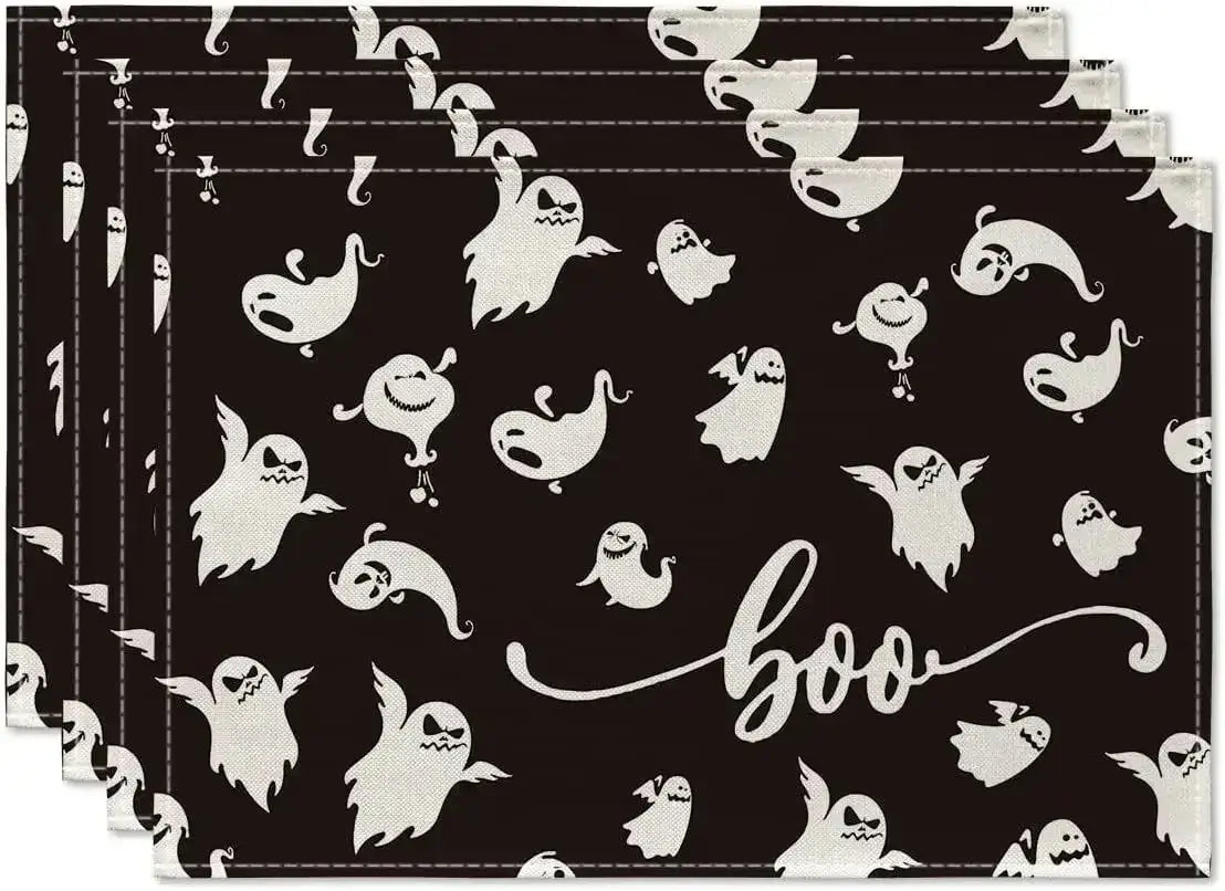 4PCS Halloween Table Placemats - Linen with white ghosts and 'boo' text on black background. Classic spooky table setting.