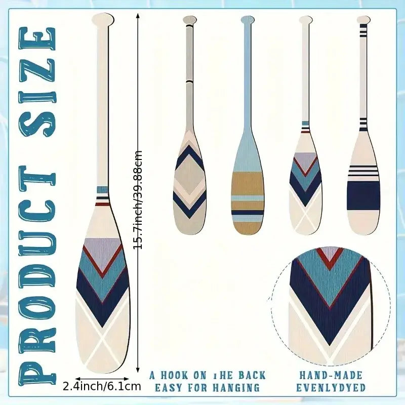 Product size chart for 15.7" handcrafted nautical paddles decor with hanging hooks, showcasing detailed coastal-themed designs.