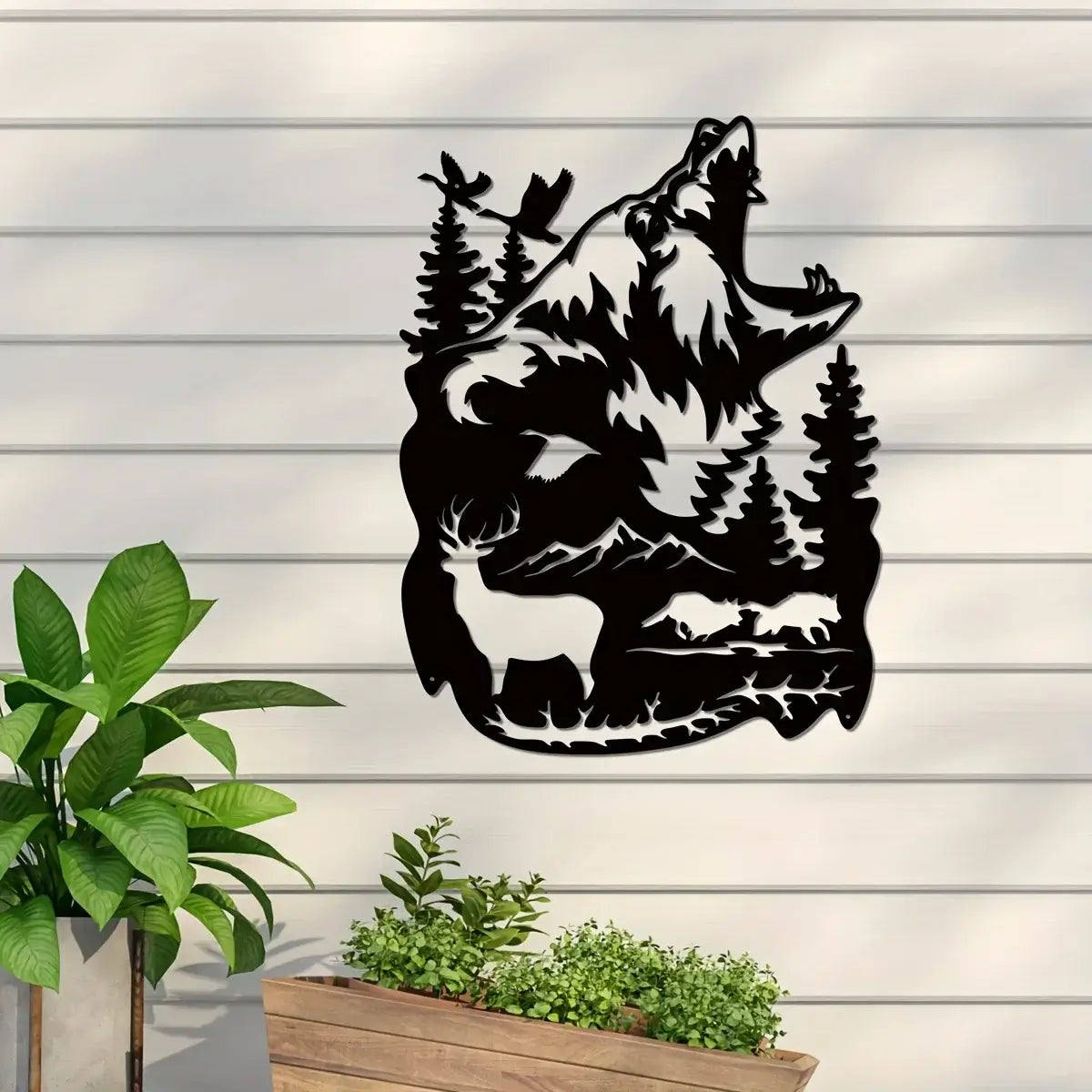 Bear Deer Metal Art Sign displayed on an outdoor white wall near potted plants, perfect for garden or patio decoration.