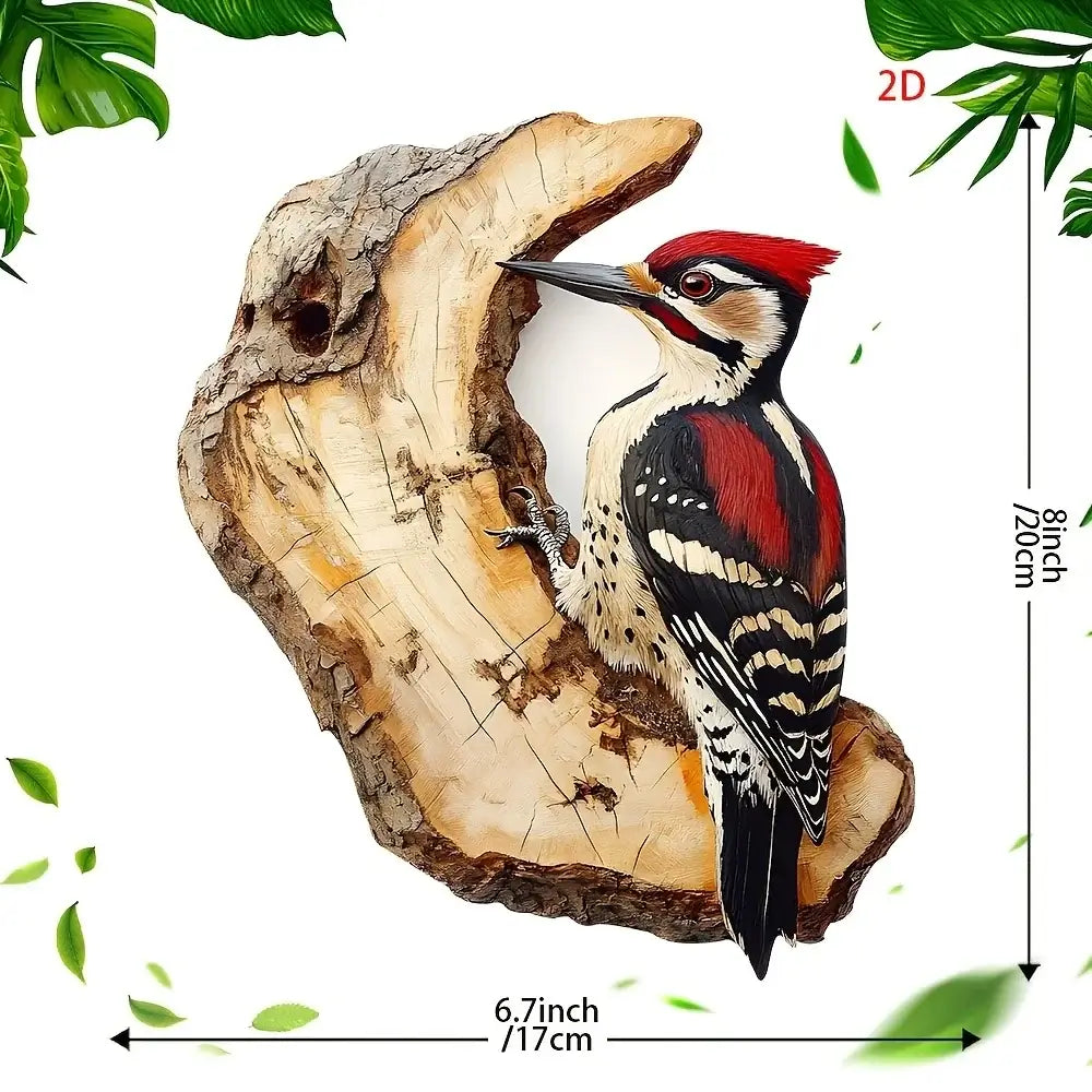 Vintage Wooden Bird Signage - Decor 8in with red woodpecker on bark-textured wood, measuring 6.7x8in. Great for nature-inspired home accents.