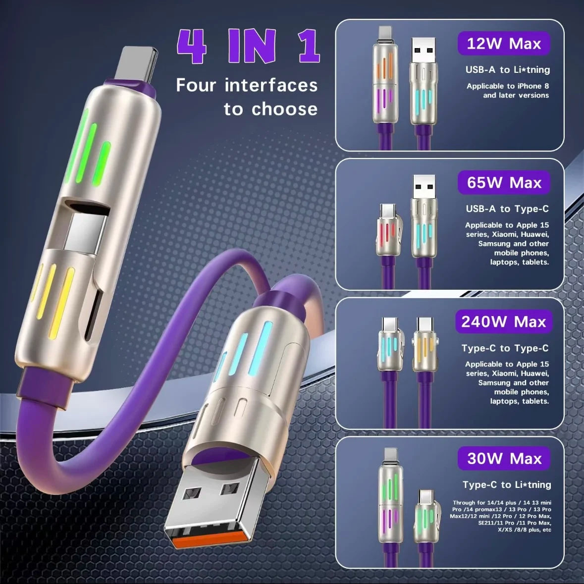 240W 4-in-1 USB Type C Silicone Fast Charging Cable