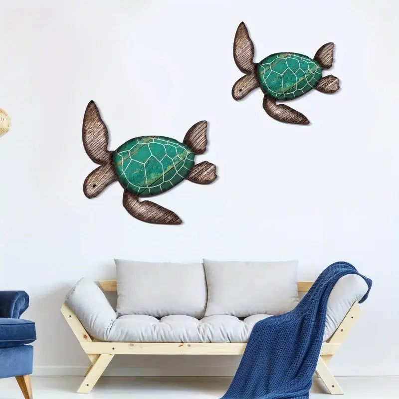 Wooden Turtle Wall Hanging Set - Coastal Decor | Handcrafted displayed above a minimalist couch, perfect for adding beach vibes to living spaces.