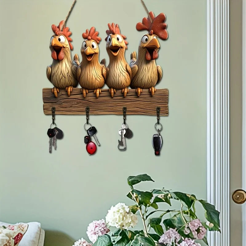 1 Piece 2D Wooden Hanging Decoration with Household Key Hooks Hen Pattern