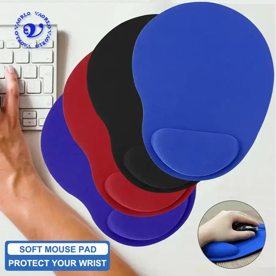 Set of Ergonomic Wrist Rest Mouse Pads in various colors, offering soft wrist support and smooth surface for precise mouse control.