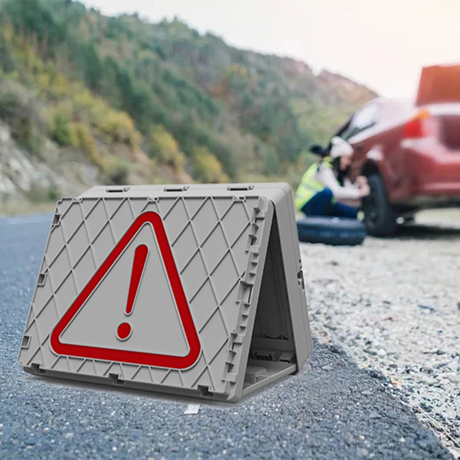Folding storage box used as a roadside emergency warning sign. Multi-use design adds safety and functionality for travel.