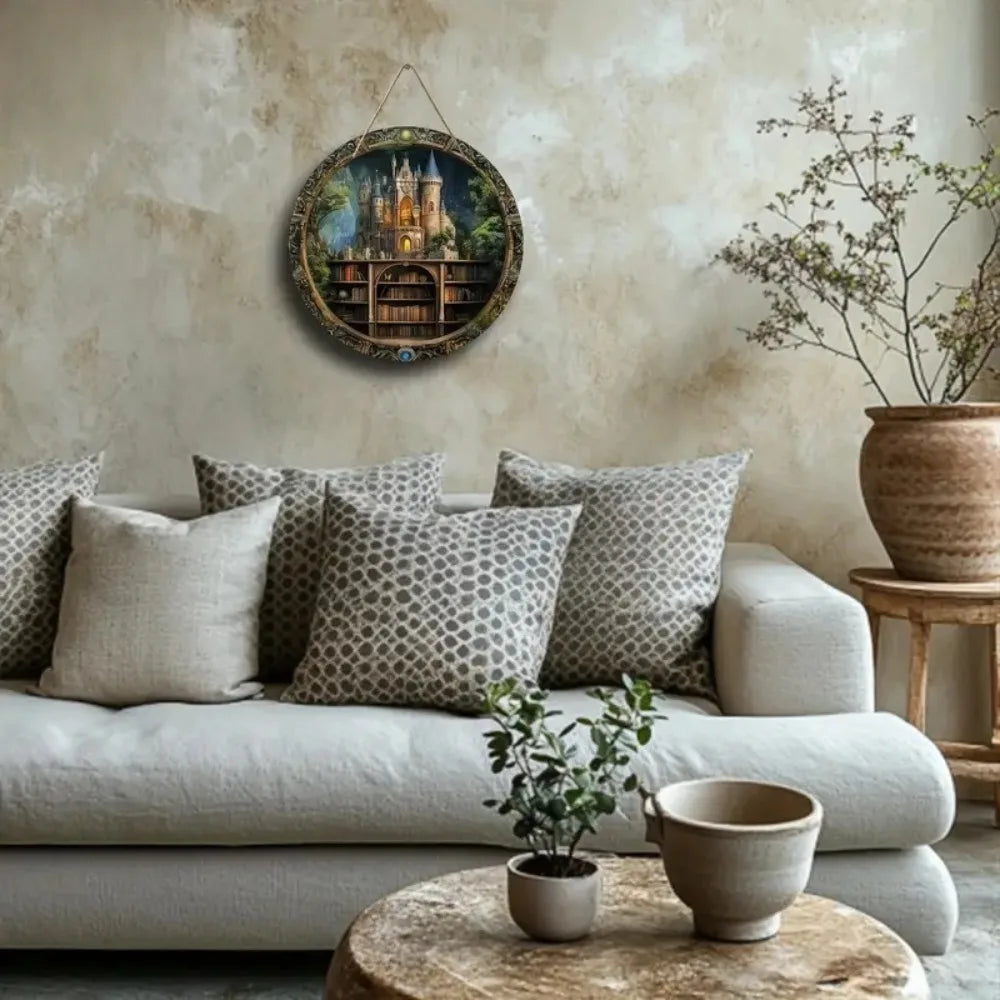 Castle-themed circular wooden sign used as wall decor in a neutral-toned living room, perfect for seasonal and holiday decoration.