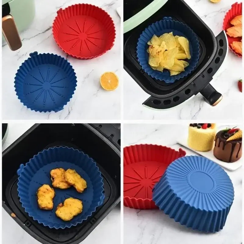 Four silicone air fryer liners pot in red and blue shown with cooked food. Promotes even heat distribution and easy food release.