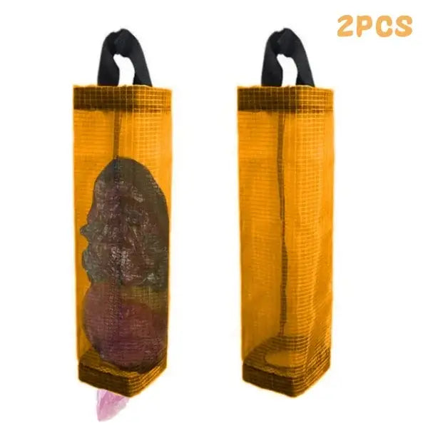 2PCS orange mesh kitchen plastic bag holders with top loops for hanging. Great for compact and breathable bag storage.