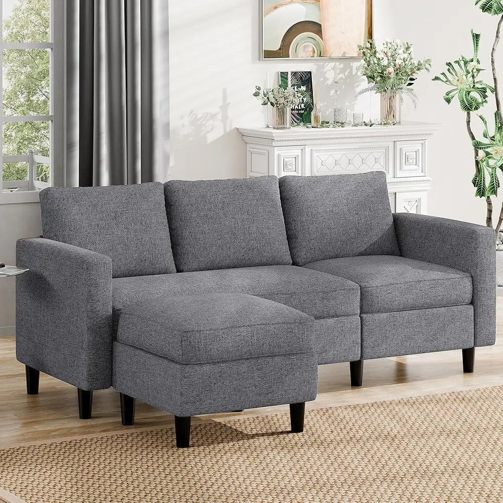 Sofa Couch with Ottoman - Sectional L-Shaped Sofa in gray with high-resilience foam, ideal for modern living rooms and compact spaces.