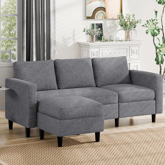 Sofa Couch with Ottoman - Sectional L-Shaped Sofa in gray with high-resilience foam, ideal for modern living rooms and compact spaces.