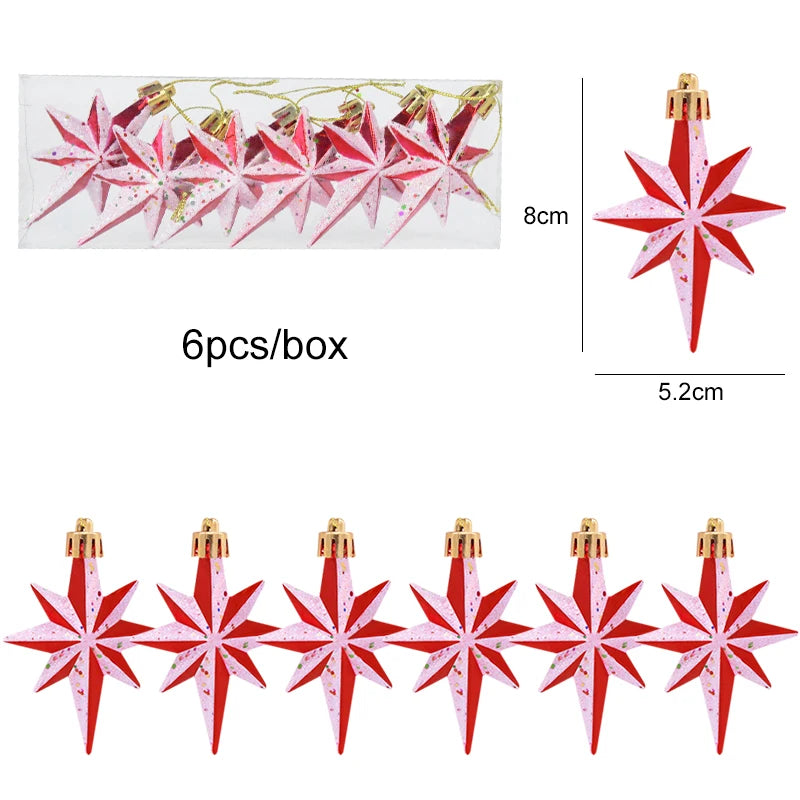 6pcs/box red eight-point star ornaments, 8cm tall, from the Christmas Tree Ornaments Set - 6pcs Red Star Candy collection.