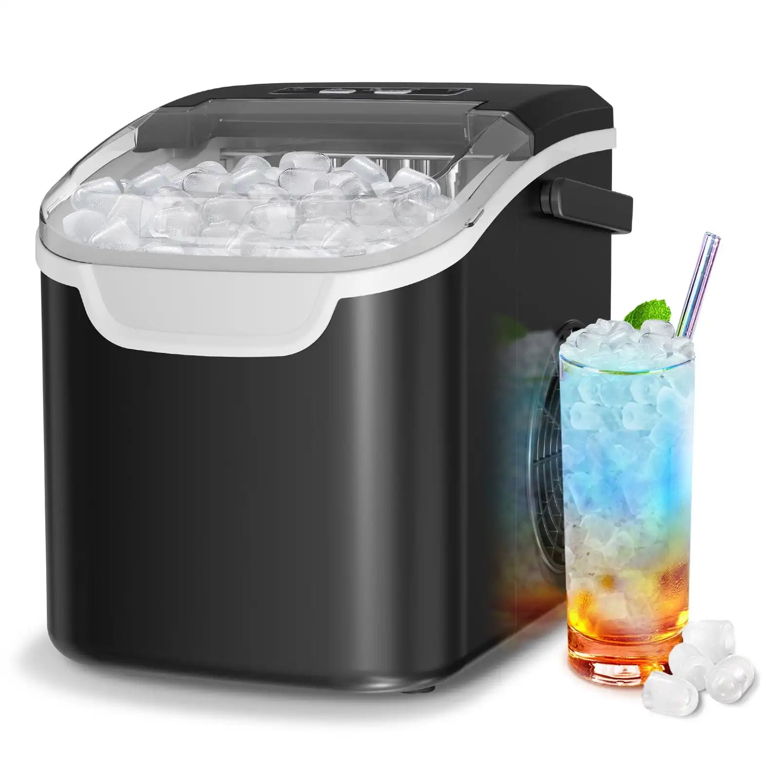 Portable countertop ice maker with full ice basket and colorful drink, perfect for quick ice production in kitchens or outdoor parties.