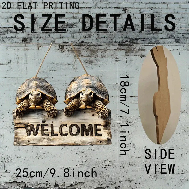2D Woodcut Wooden Welcome Sign with two turtles and size details shown. Precision-cut 9.80 inch novelty sign for home or garden decoration.