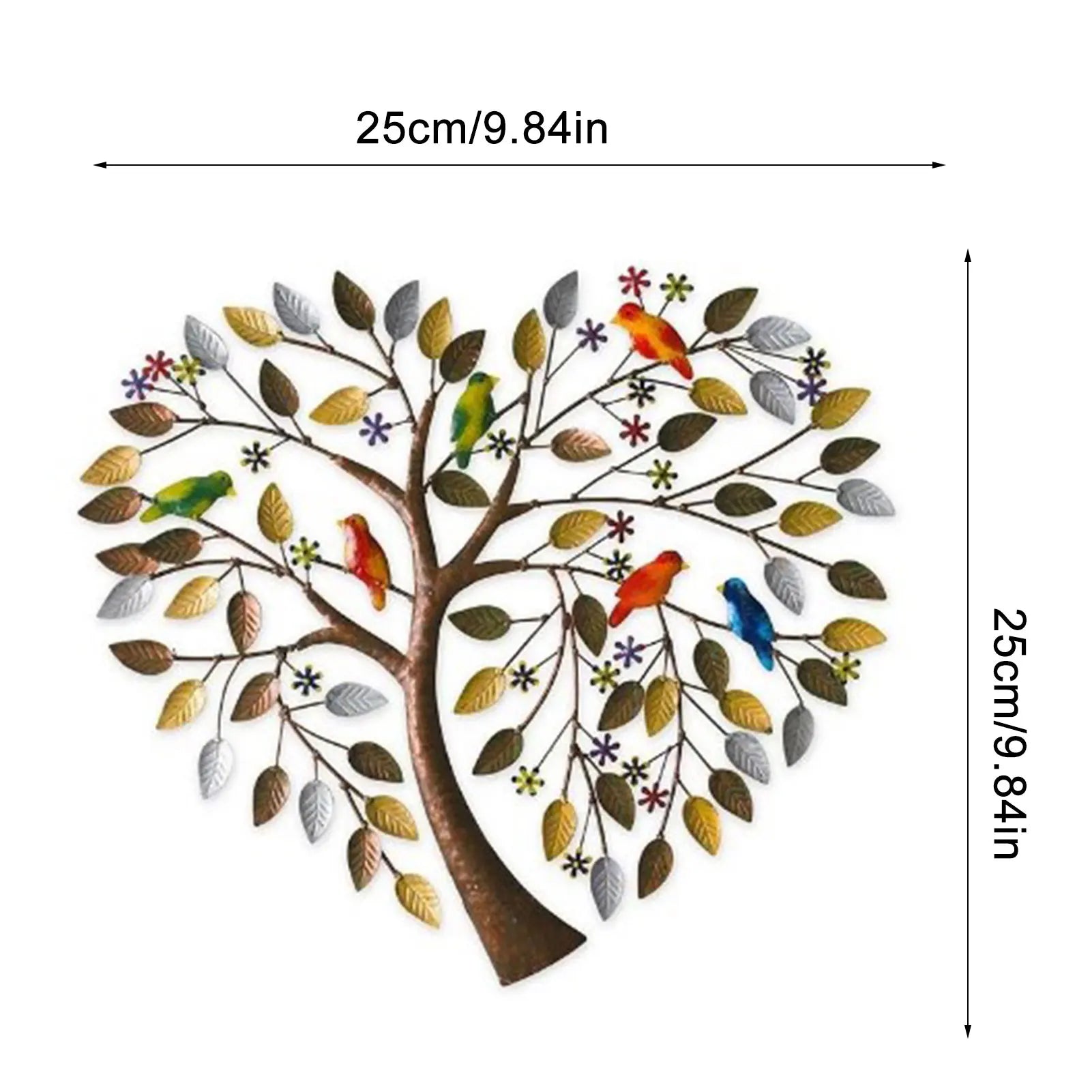 Heart Shape Family Tree Wall Decor - Metal Art Piece with birds and leaves, compact 25cm size for small wall spaces.