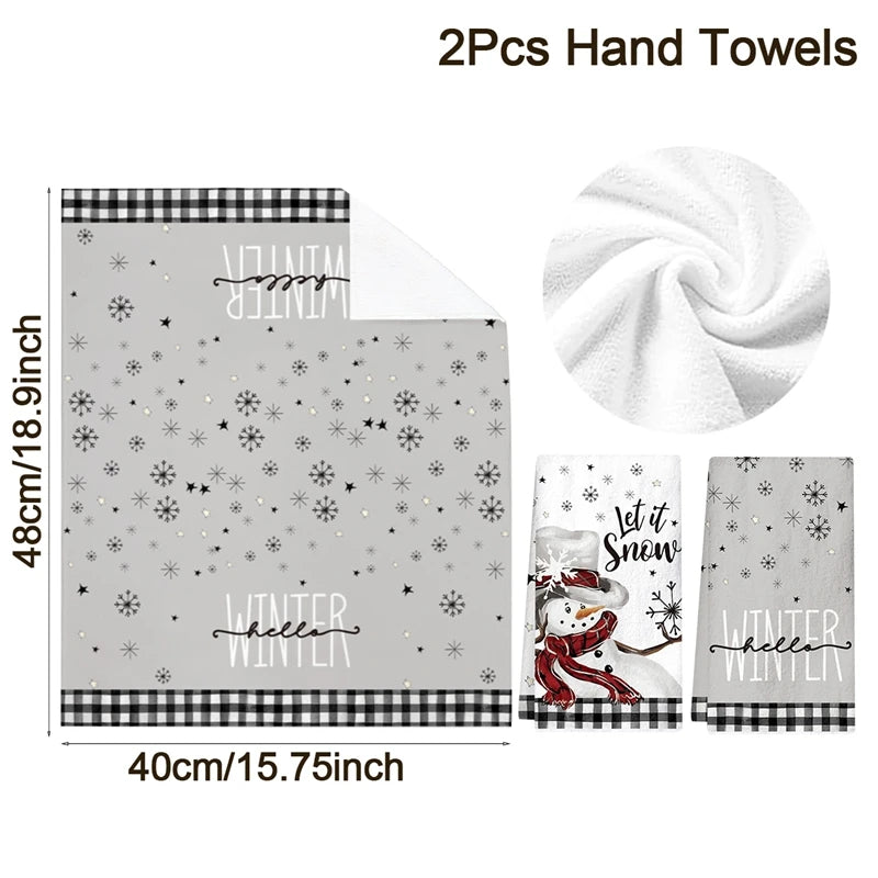 2pcs Christmas Kitchen Dishtowels featuring Santa and snowman designs with red plaid and festive text, ideal for holiday kitchen décor.