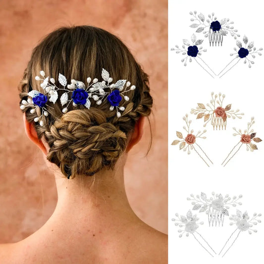 3PK Flower Hair Pin Set - Handmade Comb Set in blue, rose gold, and white floral designs styled on braided hair. Ideal for weddings or formal events.